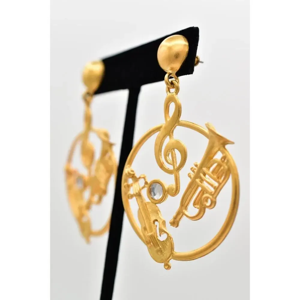 Vintage Musical Dangle Earrings Instrument Brushed Gold Matte NOS 1980s BinBK